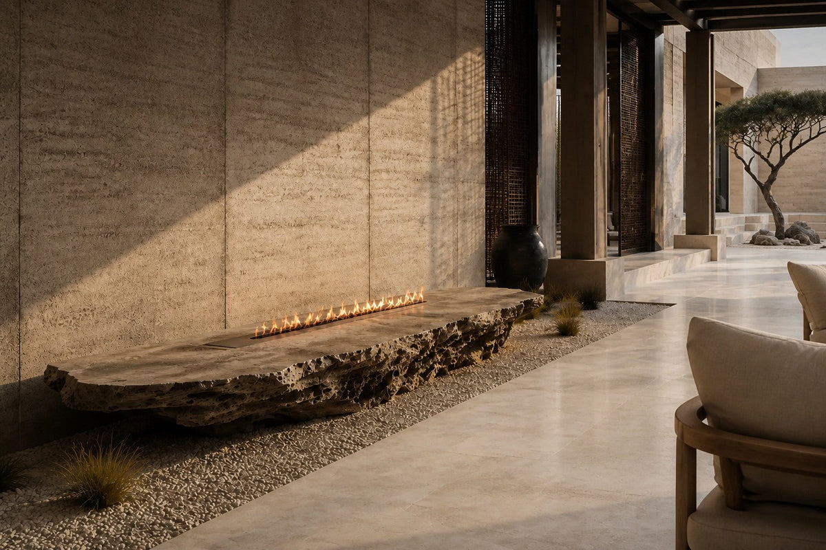Rimala 220 travertine fireplace, close view of the form in its setting