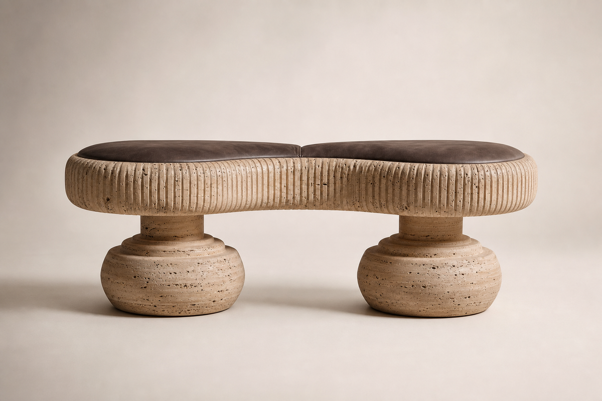 Riposo travertine sculptural bench, studio view of the whole piece