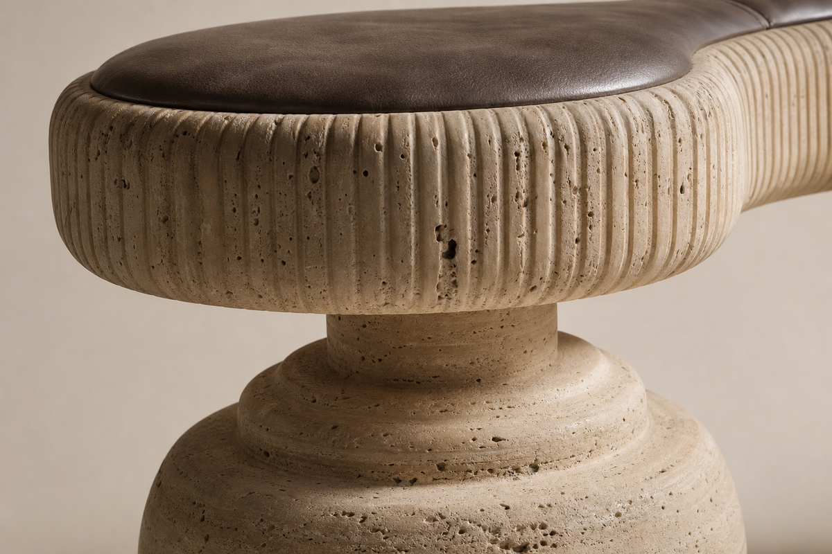 Riposo travertine sculptural bench, close studio detail of the surface and material