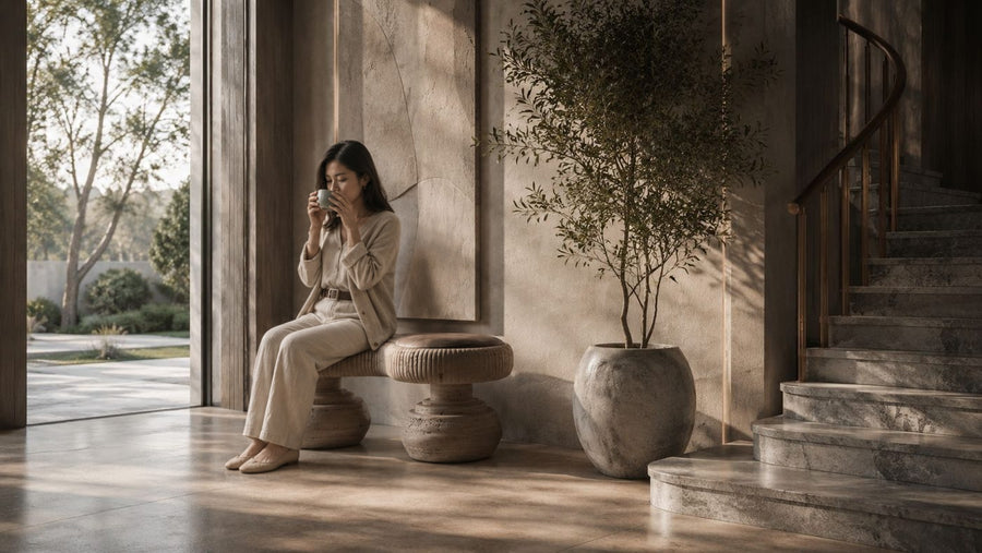 Riposo travertine sculptural bench, shown in a room setting, at full scale