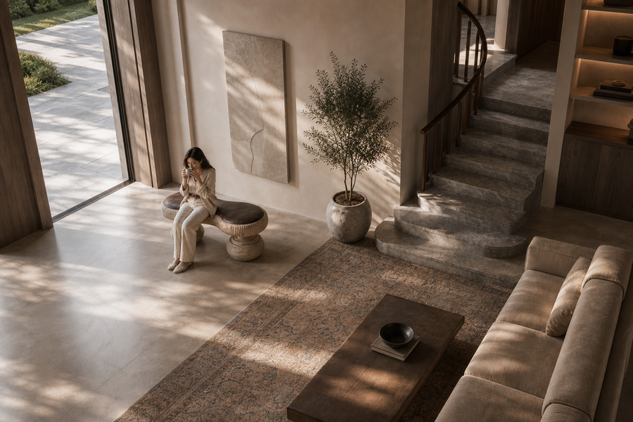 Riposo travertine sculptural bench, overhead view in a room setting