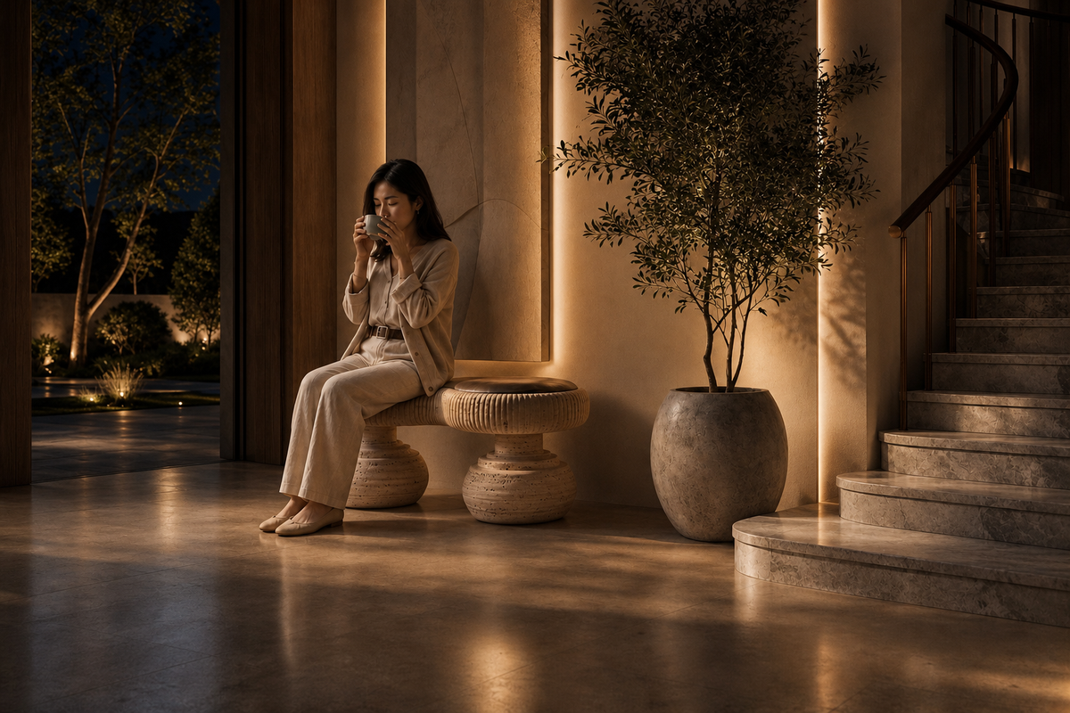 Riposo travertine sculptural bench, in a room setting under evening light