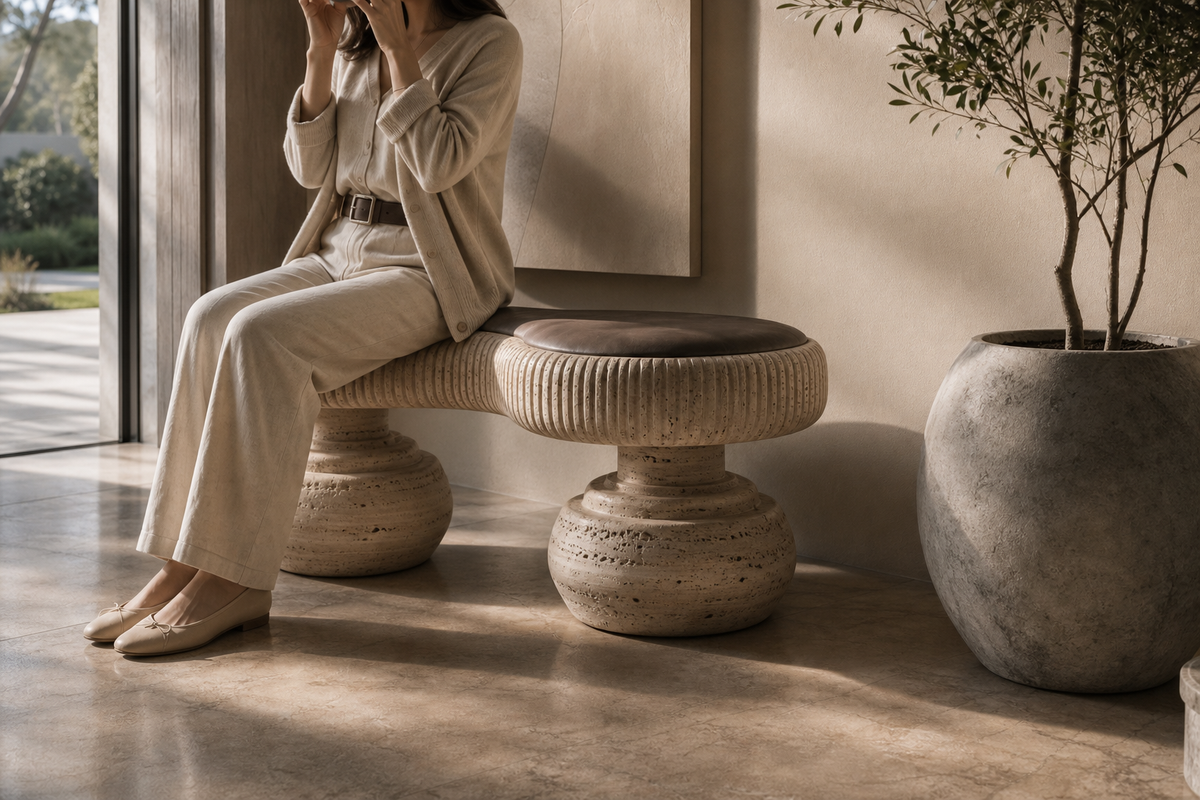 Riposo travertine sculptural bench, close view of the form in its setting