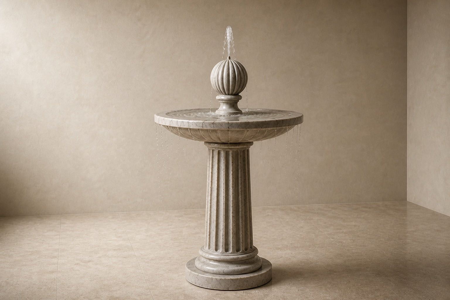 Pale limestone pedestal fountain Rivella Ø65, pale grey-white with soft veining, on a pale stone floor.