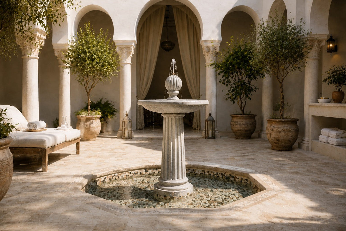 Rivella Ø65 limestone pedestal fountain, water falling from the basin into the pool below