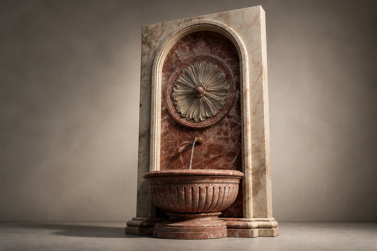 Rocio marble wall fountain, three-quarter studio view showing its profile and base