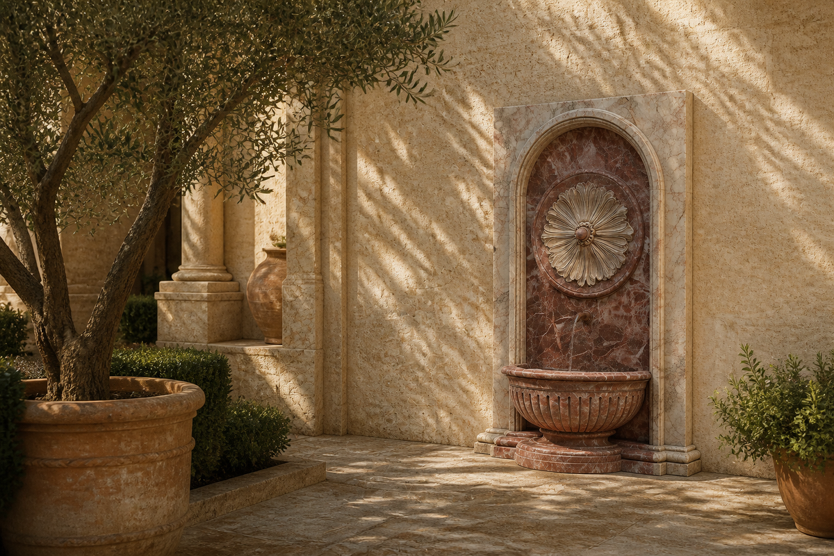 Rocio marble wall fountain, shown at dusk with the water lit