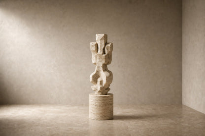 Cream travertine sculpture Ruchbah, a column of stacked interlocking carved blocks on a travertine drum plinth.