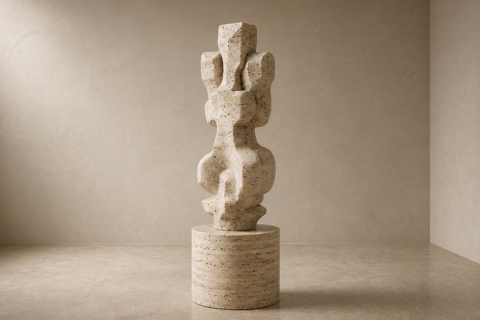 Cream travertine sculpture Ruchbah, a column of stacked interlocking carved blocks on a travertine drum plinth.