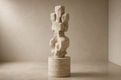 Cream travertine sculpture Ruchbah, a column of stacked interlocking carved blocks on a travertine drum plinth.