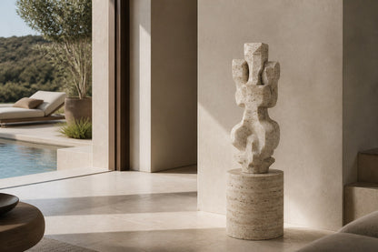 Cream travertine sculpture Ruchbah, a column of stacked interlocking carved blocks on a travertine drum plinth.