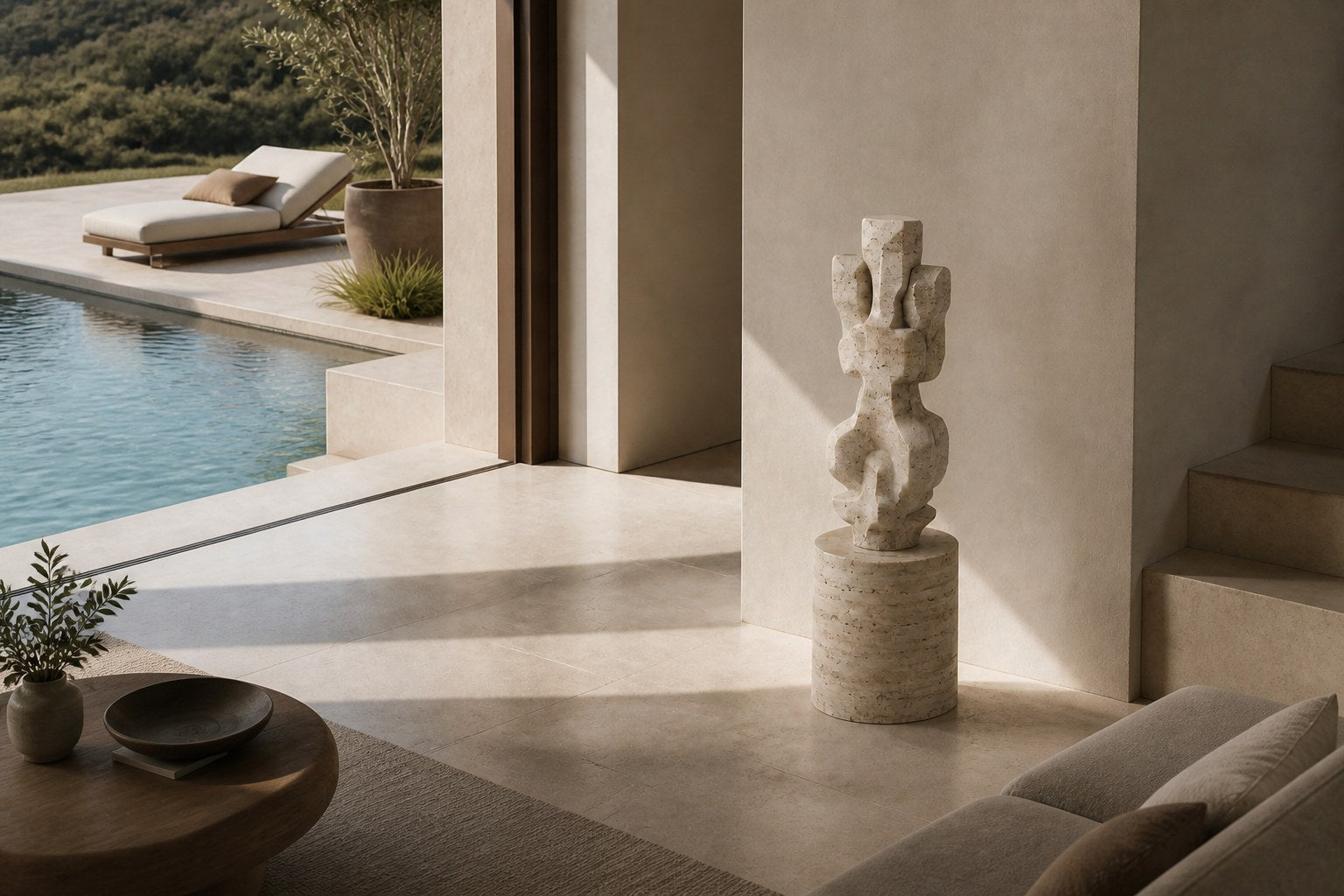 Cream travertine sculpture Ruchbah, a column of stacked interlocking carved blocks on a travertine drum plinth.