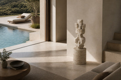 Cream travertine sculpture Ruchbah, a column of stacked interlocking carved blocks on a travertine drum plinth.