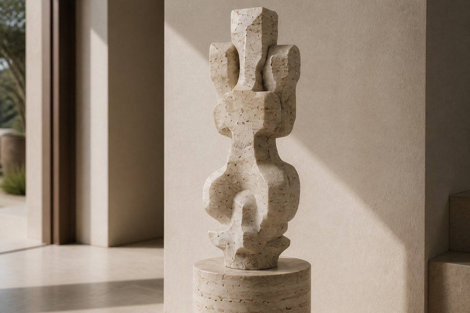 Cream travertine sculpture Ruchbah, a column of stacked interlocking carved blocks on a travertine drum plinth.