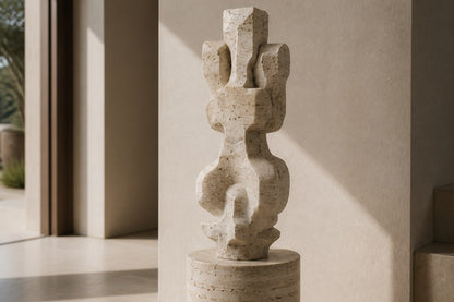 Cream travertine sculpture Ruchbah, a column of stacked interlocking carved blocks on a travertine drum plinth.