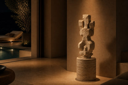 Cream travertine sculpture Ruchbah, a column of stacked interlocking carved blocks on a travertine drum plinth.