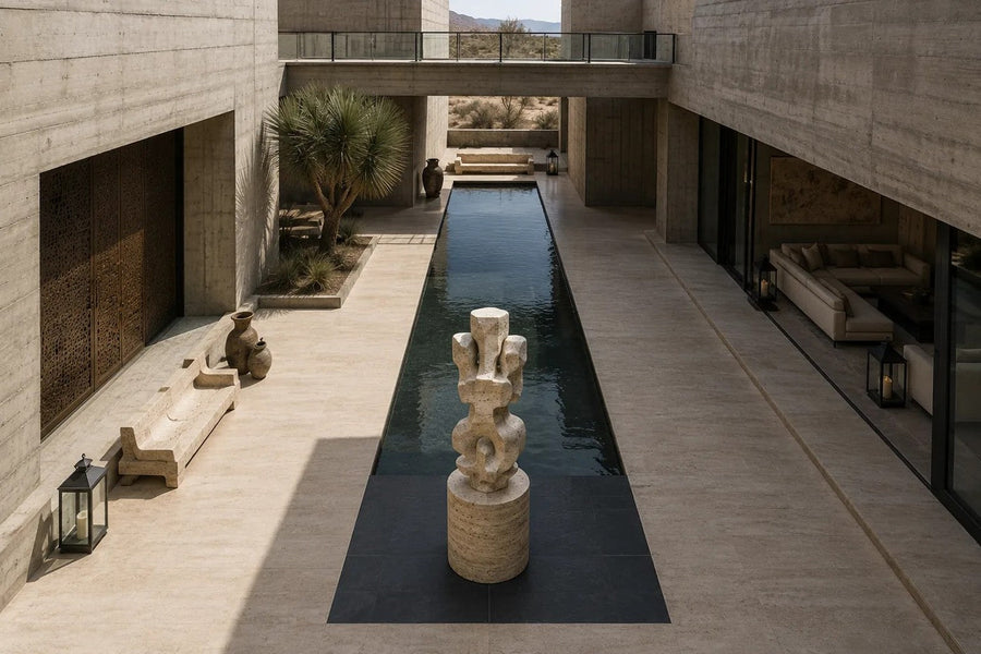 Cream travertine sculpture Ruchbah, a column of stacked interlocking carved blocks on a travertine drum plinth.