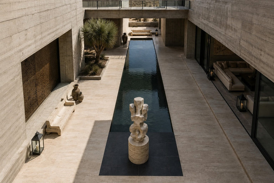 Cream travertine sculpture Ruchbah, a column of stacked interlocking carved blocks on a travertine drum plinth.