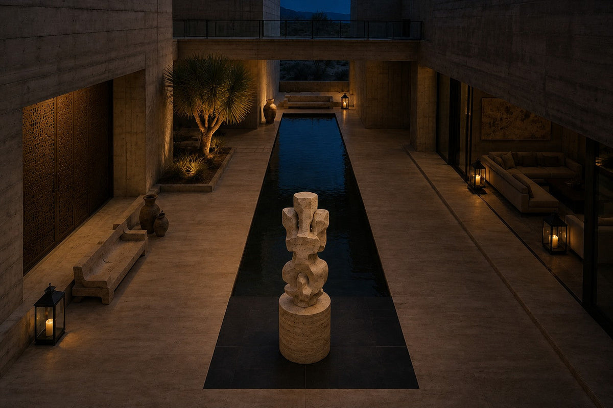 Cream travertine sculpture Ruchbah, a column of stacked interlocking carved blocks on a travertine drum plinth.