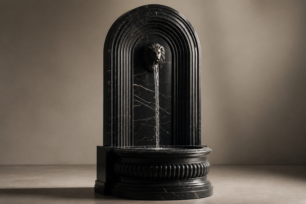 Saba stone wall fountain, three-quarter studio view showing its profile and base