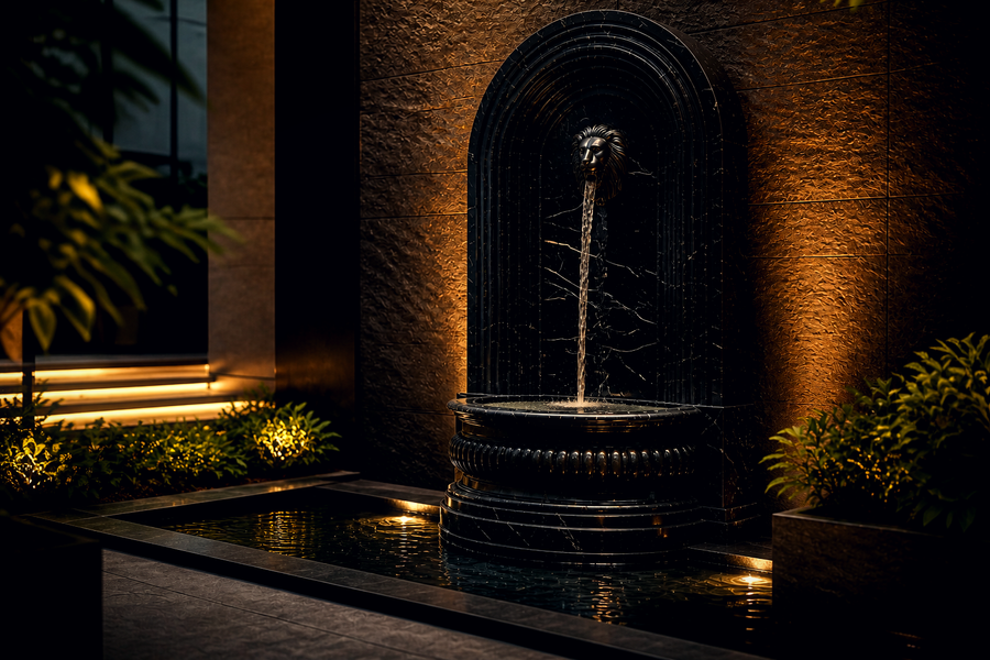 Saba stone wall fountain, installed against a stone wall in a daylit room