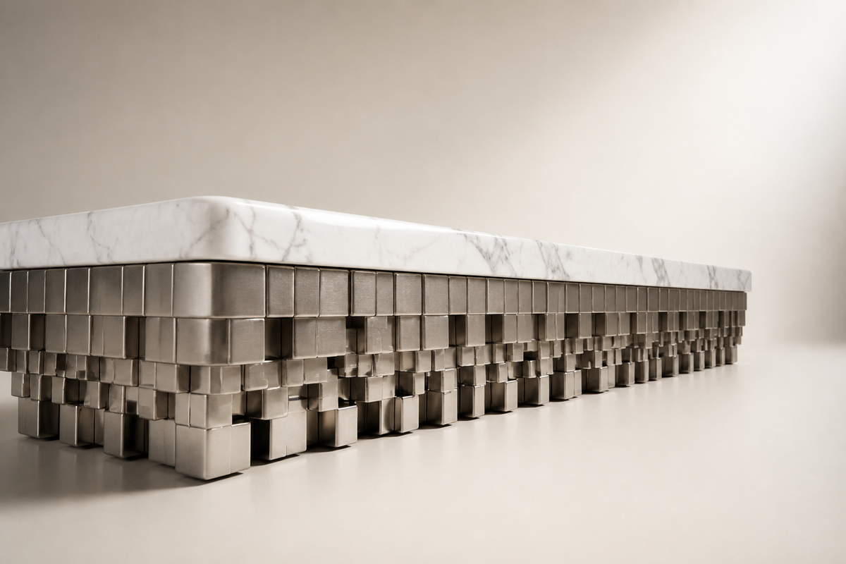 Sabat 180 marble sculptural bench, three-quarter studio view showing its profile