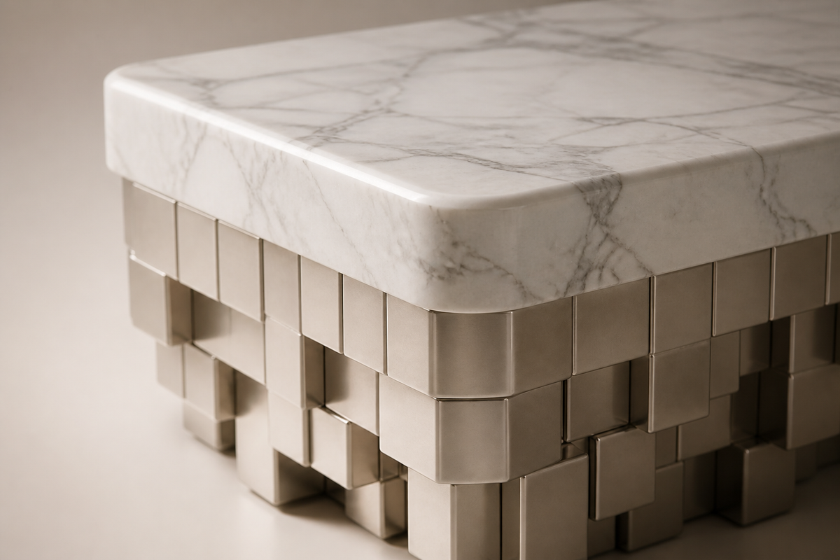Sabat 180 marble sculptural bench, close studio detail of the surface and material