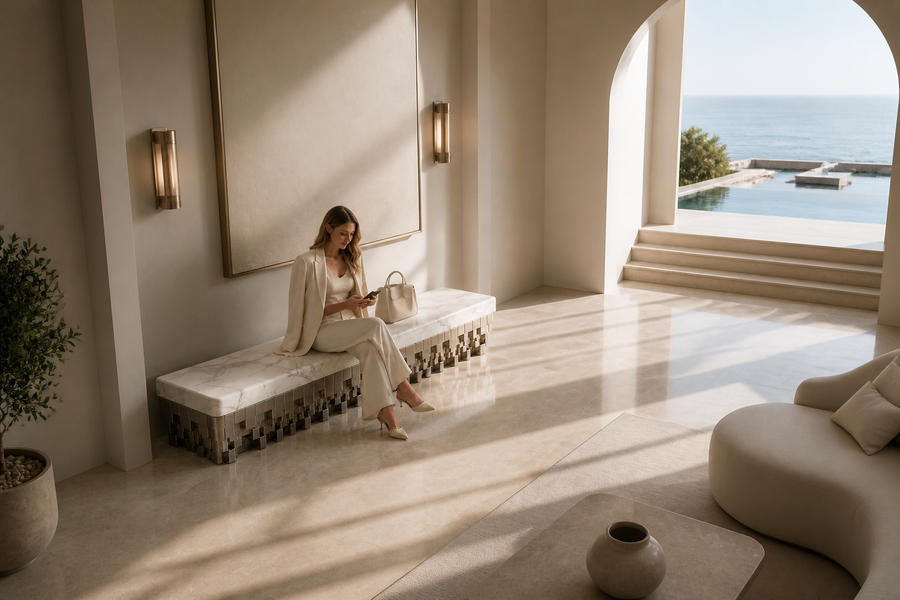 Sabat 180 marble sculptural bench, overhead view in a room setting
