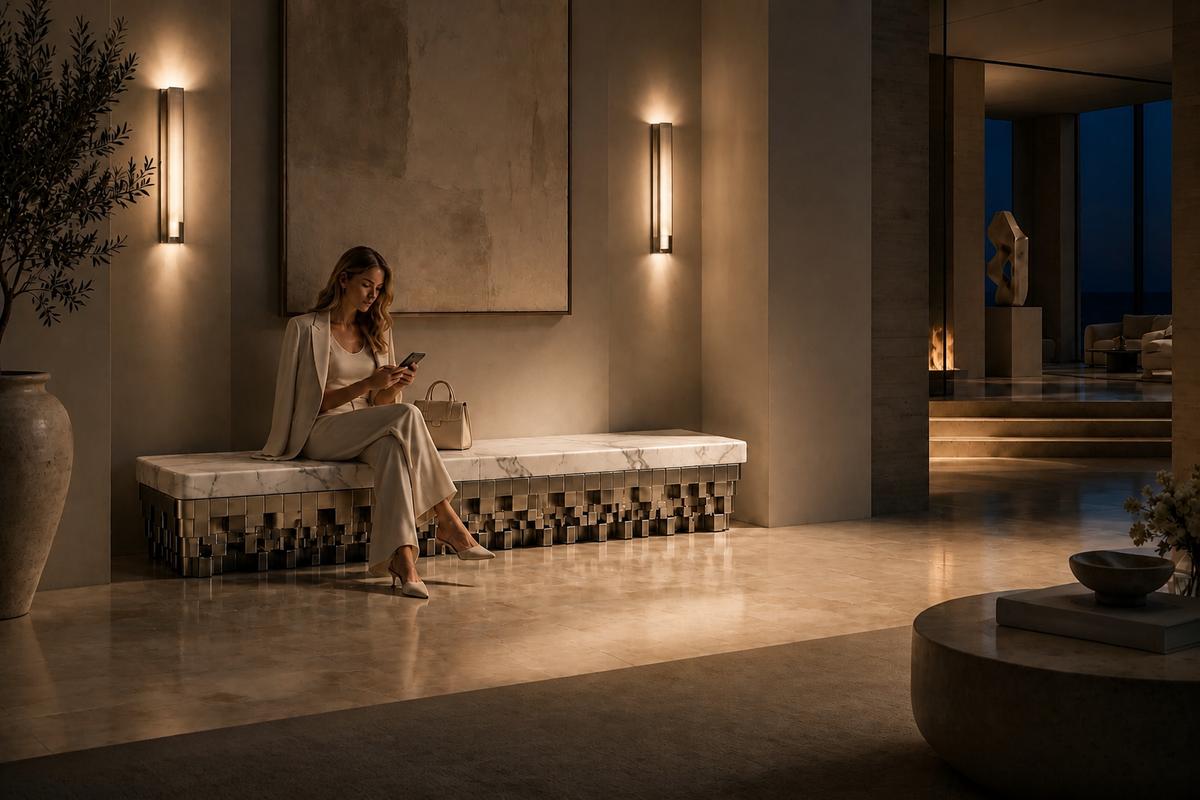Sabat 180 marble sculptural bench, in a room setting under evening light