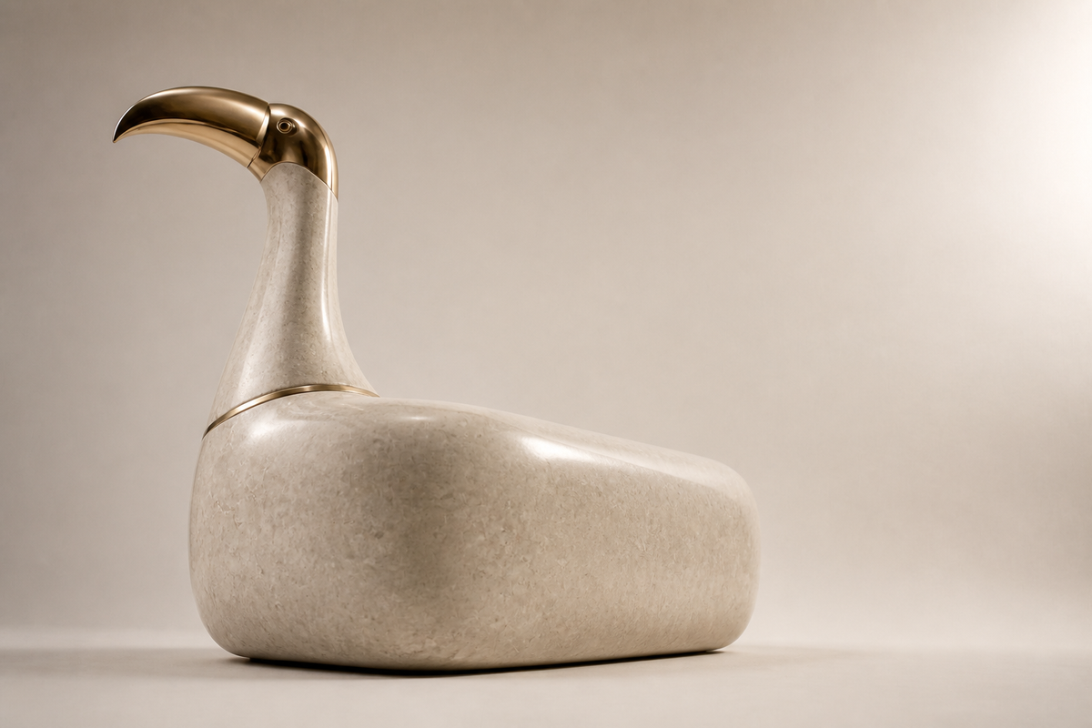 Sabeel 95 stone sculptural bench, three-quarter studio view showing its profile