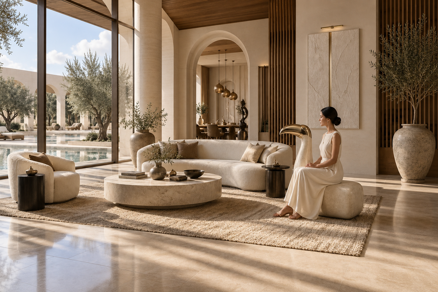 Sabeel 95 stone sculptural bench, shown in a room setting, at full scale