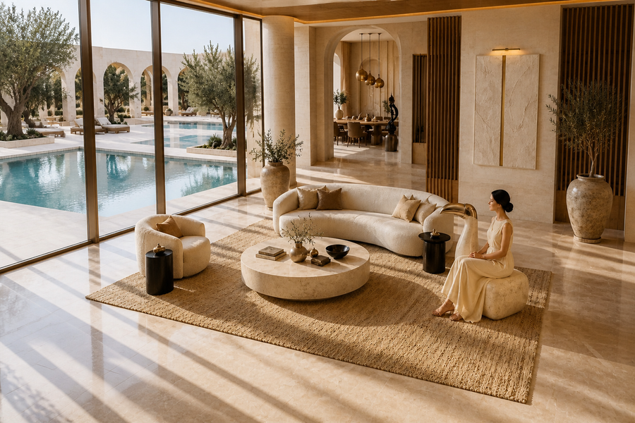 Sabeel 95 stone sculptural bench, overhead view in a room setting