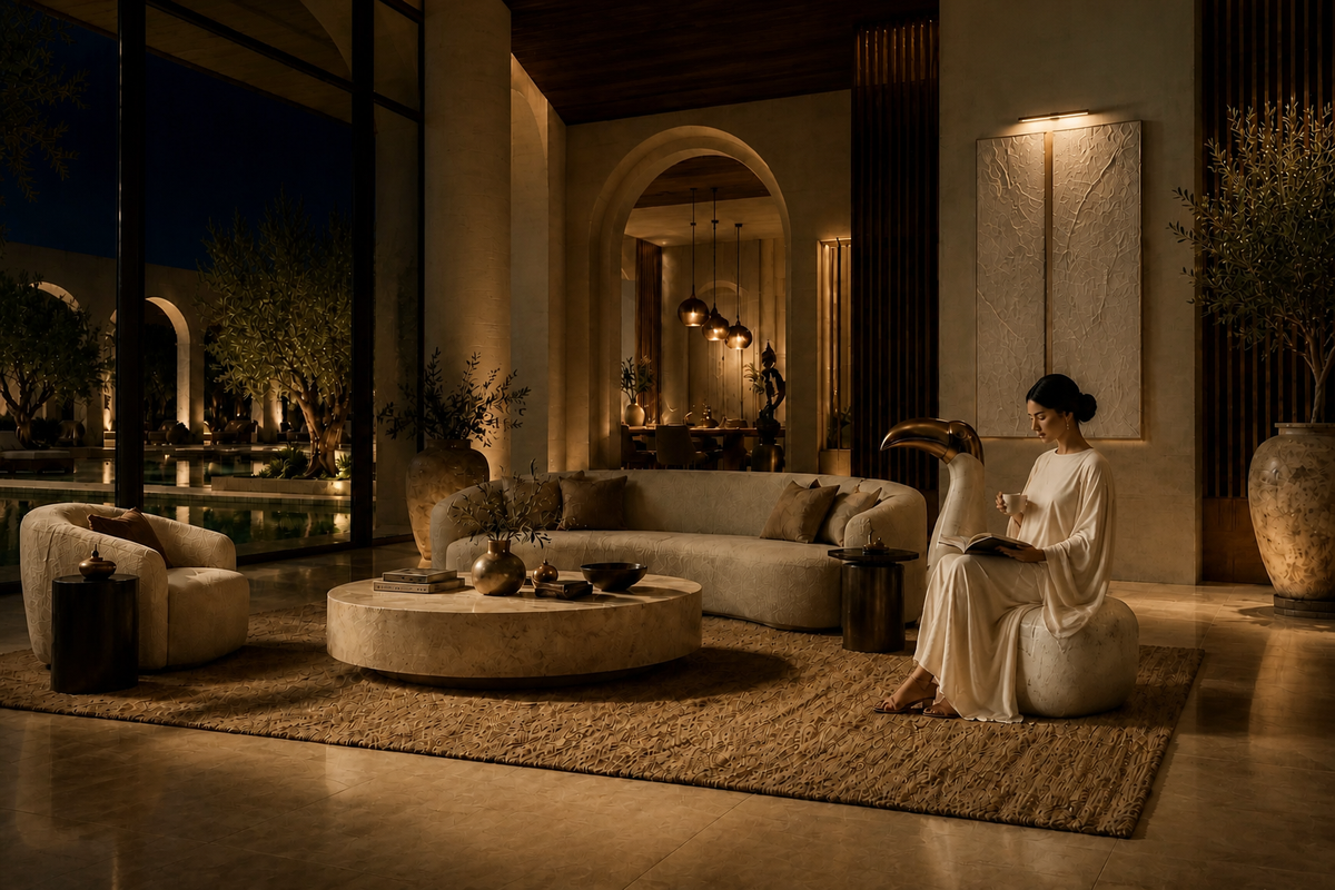 Sabeel 95 stone sculptural bench, in a room setting under evening light