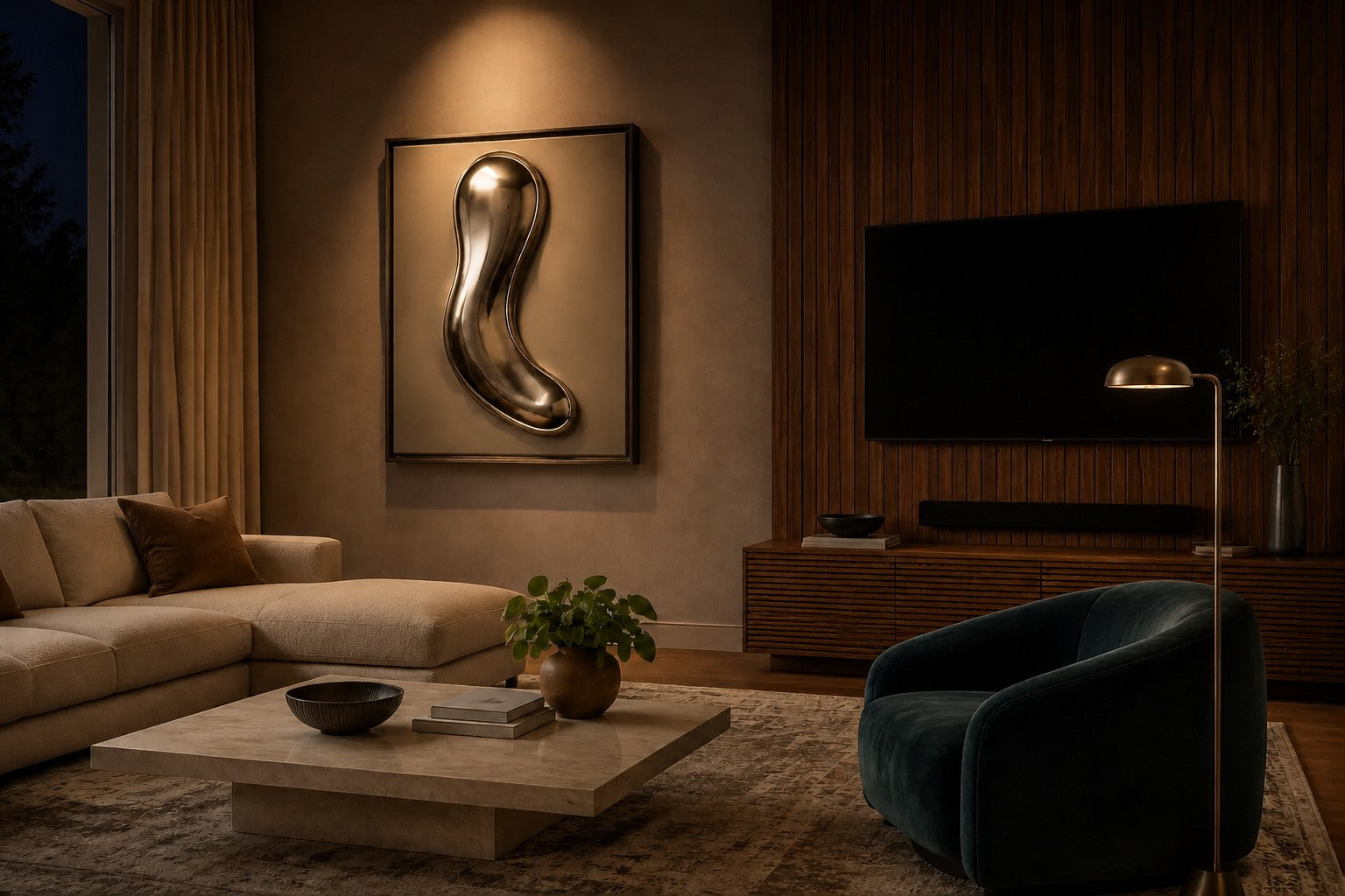 Dark bronze bronze wall sculpture Lingote, stacked cast billets offset on a concealed spine, on a plaster wall.