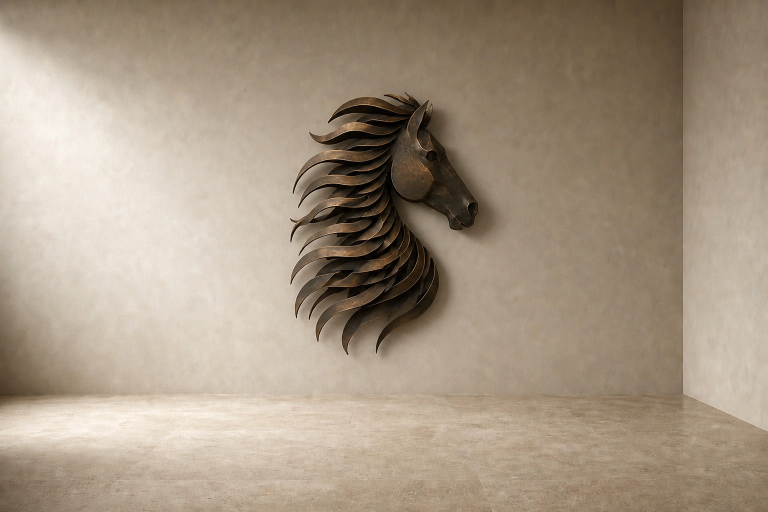 Warm brass and gold brass wall sculpture Sabuh, slender rods of graded length on a concealed spine, on a plaster wall.