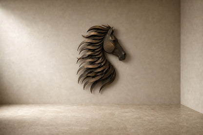 Warm brass and gold brass wall sculpture Sabuh, slender rods of graded length on a concealed spine, on a plaster wall.