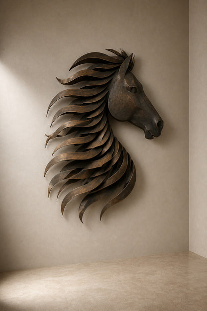 Warm brass and gold brass wall sculpture Sabuh, slender rods of graded length on a concealed spine, on a plaster wall.