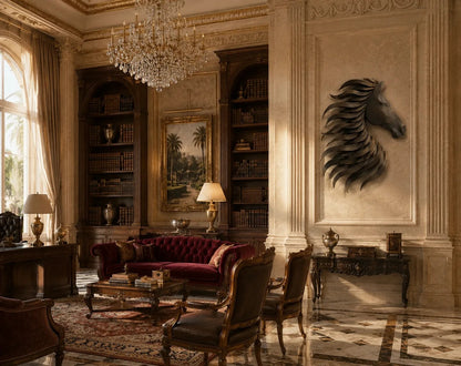 Warm brass and gold brass wall sculpture Sabuh, slender rods of graded length on a concealed spine, on a plaster wall.