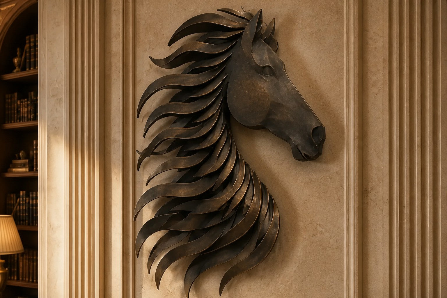 Warm brass and gold brass wall sculpture Sabuh, slender rods of graded length on a concealed spine, on a plaster wall.