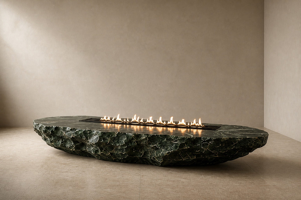 Sacharu 220 marble fireplace, three-quarter studio view showing its profile