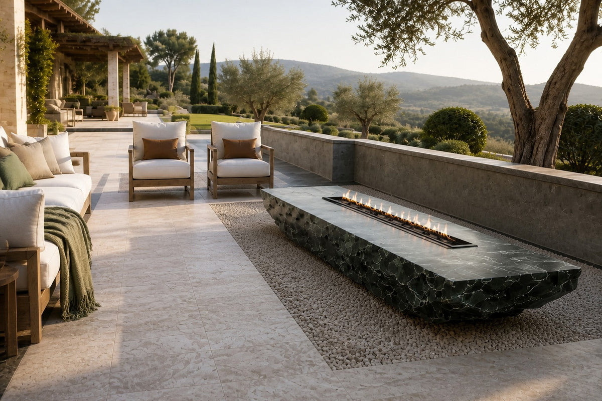 Sacharu 220 marble fireplace, close view of the form in its setting