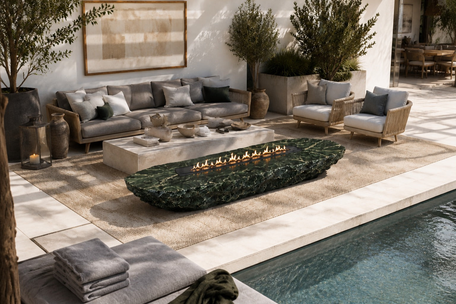 Deep green marble fire table Sacharu 220, deep green with pale veining, on a pale stone floor.