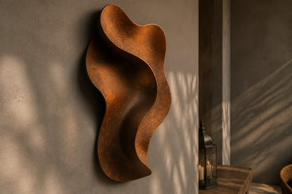 Satin steel steel wall sculpture Eco, concentric rings stepping back to a recessed centre, on a plaster wall.