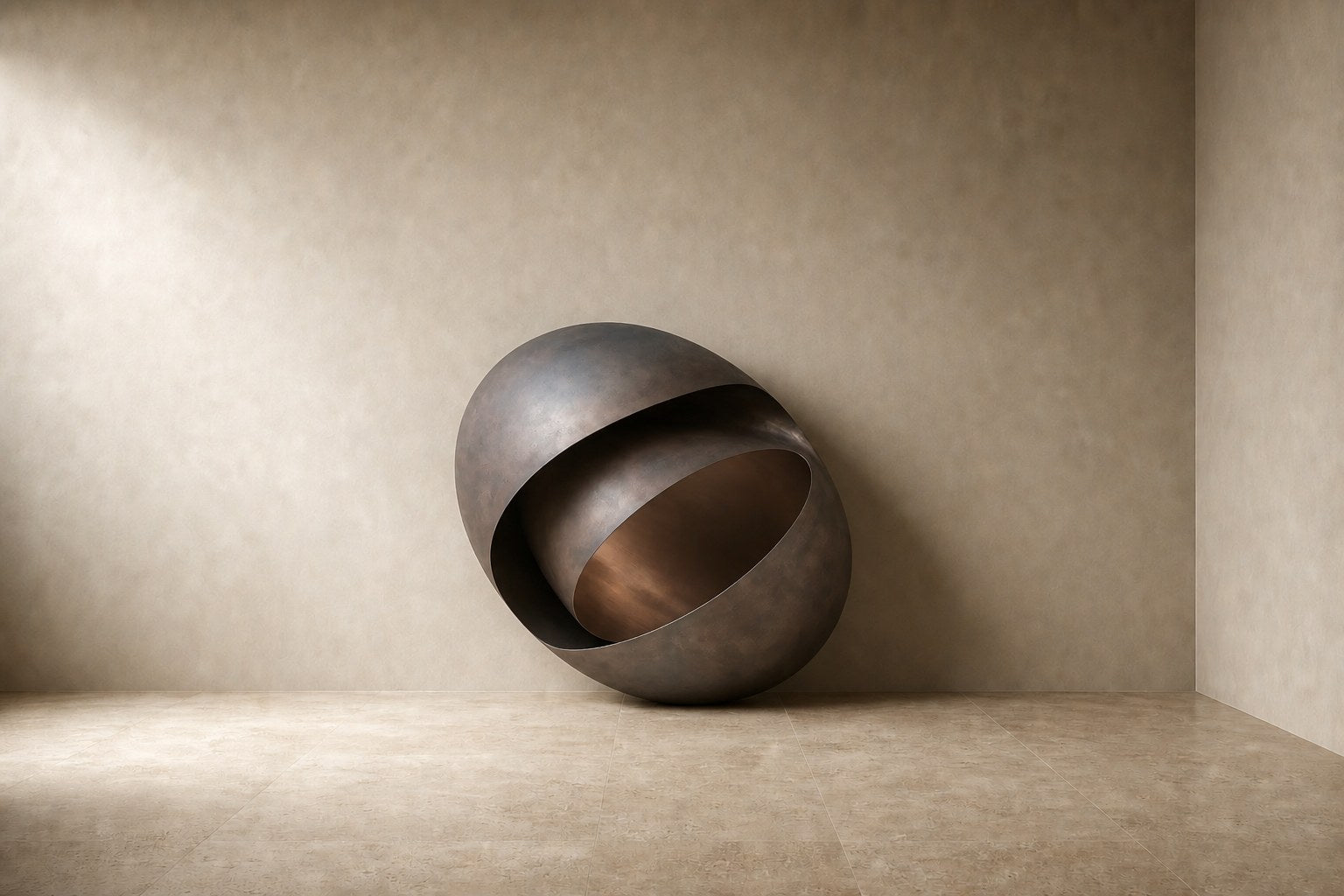 Large ovoid bronze sculpture cut open to reveal a polished interior, standing on a stone floor.
