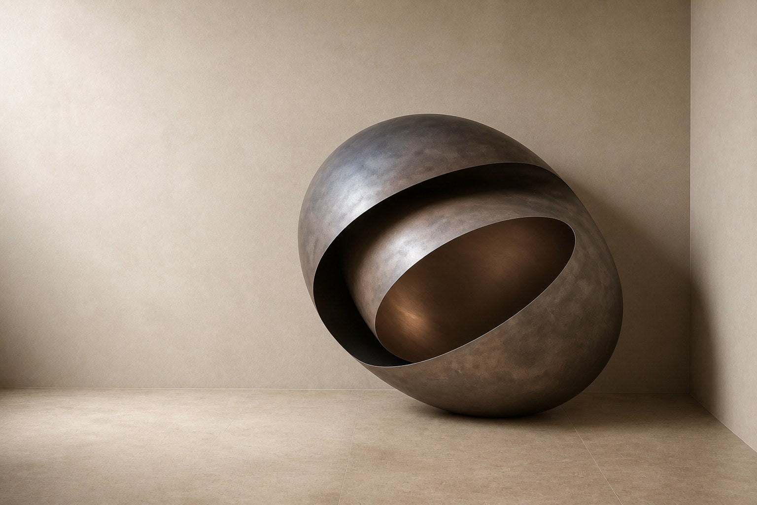 Large ovoid bronze sculpture cut open to reveal a polished interior, standing on a stone floor.