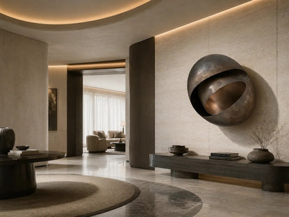 Large ovoid bronze sculpture cut open to reveal a polished interior, standing on a stone floor.