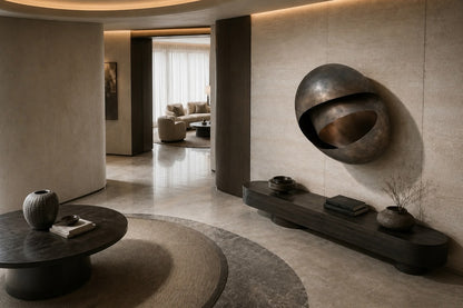 Large ovoid bronze sculpture cut open to reveal a polished interior, standing on a stone floor.
