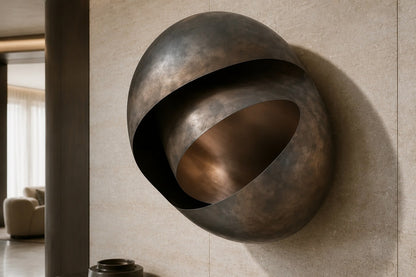 Large ovoid bronze sculpture cut open to reveal a polished interior, standing on a stone floor.