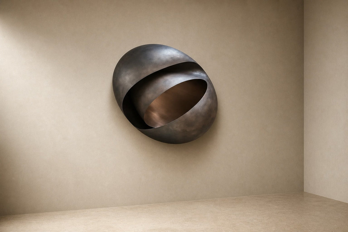 Sadaf — 150 × 90 cm dark bronze wall sculpture of a curled shell with a polished inner band, three-quarter studio view showing its profile