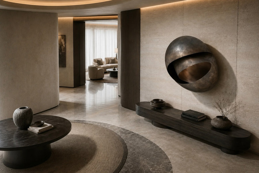 Sadaf — 150 × 90 cm dark bronze wall sculpture of a curled shell with a polished inner band, seen from above in the room